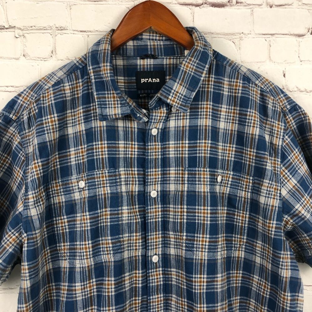 Prana Blue Plaid Short Sleeve Button Up Men's Sz XL